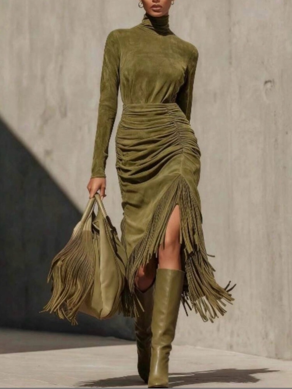 SHEIN Olive Green Asymmetrical Fringe Ruched Midi Dress